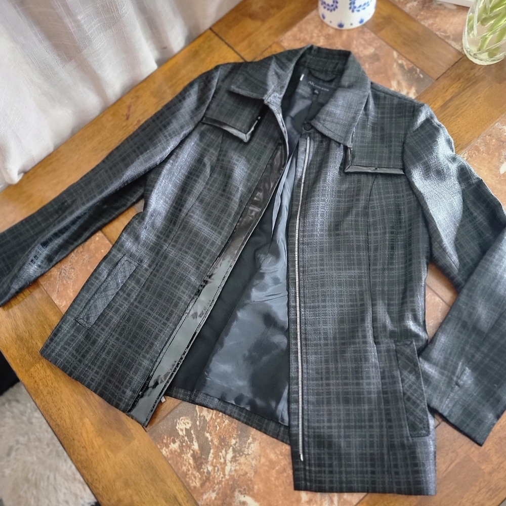 Anne Klein Coat Plaid Grey and Black with Black Piping, Large